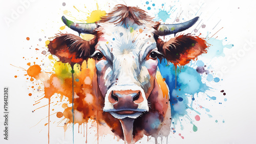 watercolor portrait of a cow  spots of liquid paint isolated on a white background