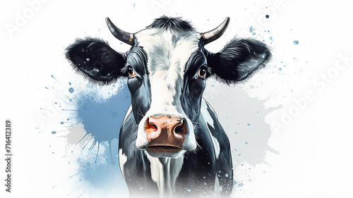 watercolor portrait of a cow, spots of liquid paint isolated on a white background