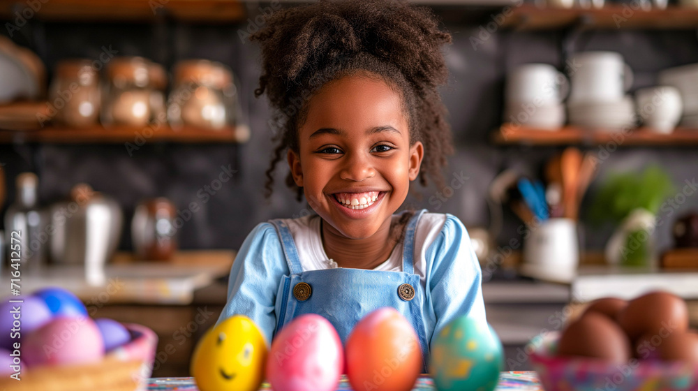Fototapeta premium Portrait of African american girl smiling with her painted easter eggs. 