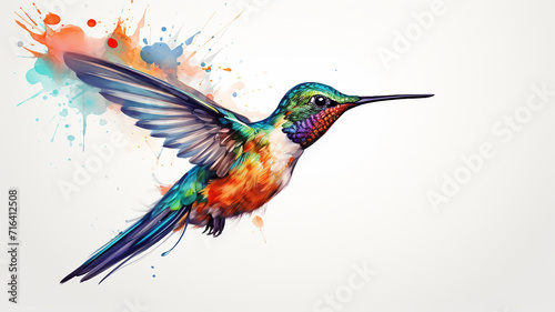Hummingbird watercolor illustration, spots of liquid paint isolated on a white background