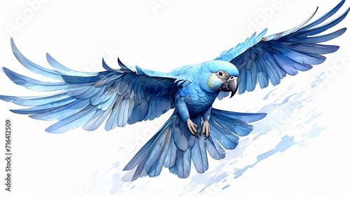 blue parrot in flight, isolated on a white background with a blue macaw print