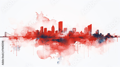 red silhouette of the city, illustration on a white background, cityline liquid paint, insulated print photo
