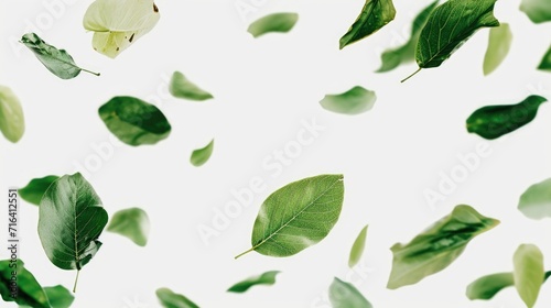 Green leaves floating in the air, creating a mesmerizing scene. Perfect for nature-themed designs and environmental concepts photo