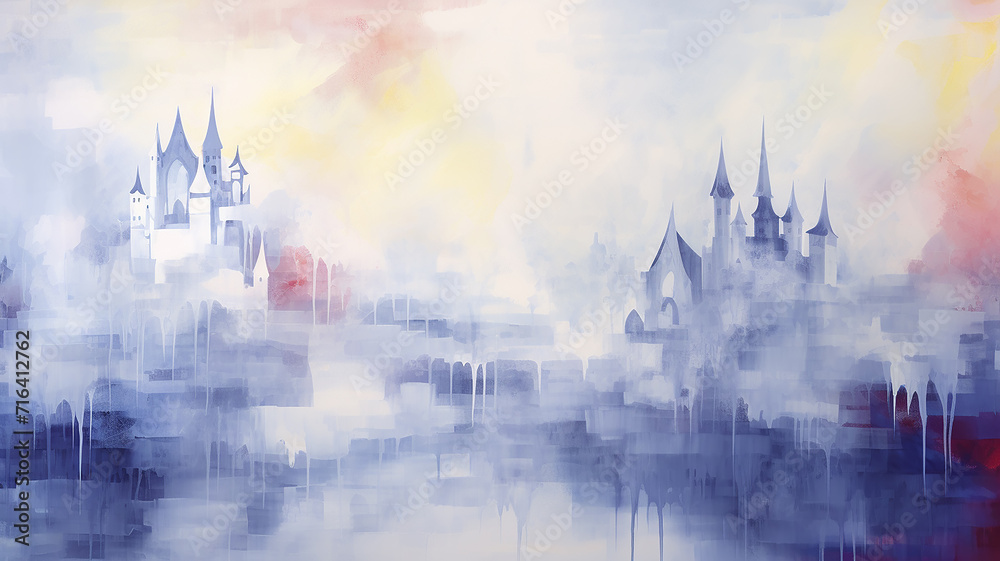 fairy tale princess castle, art work painting in impressionism style, light background white and blue shade design, background copy space fairy tale princess castle, art work painting in impressionism style, light background white and blue shade design, background copy space