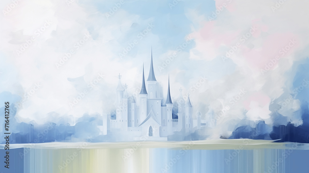 fairy tale princess castle, art work painting in impressionism style, light background white and blue shade design, background copy space