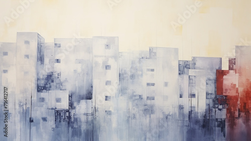 city, line of houses, street art work painting in impressionism style, light background white and blue shade design