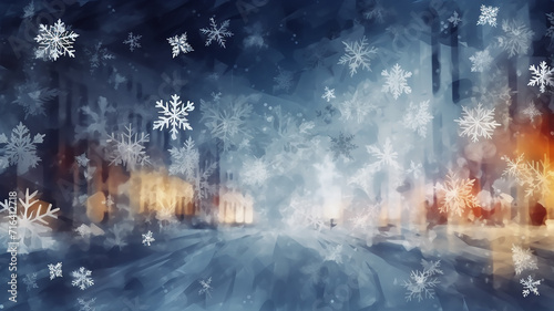 winter, snowfall, blurred urban background, snowflake illustration in street traffic, abstract festive backdrop © kichigin19