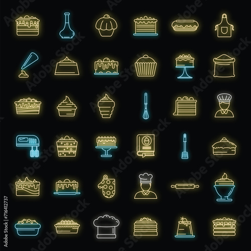 Confectioner home icons set. Outline set of confectioner home vector icons neon color on black