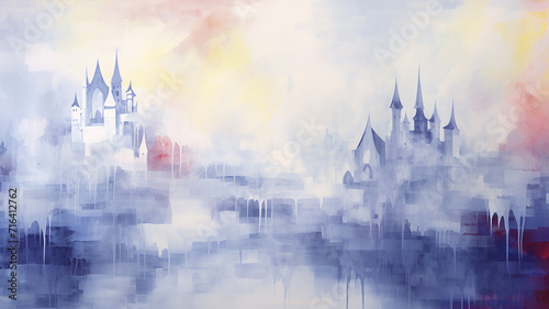 fairy tale princess castle, art work painting in impressionism style, light background white and blue shade design, background copy space photo