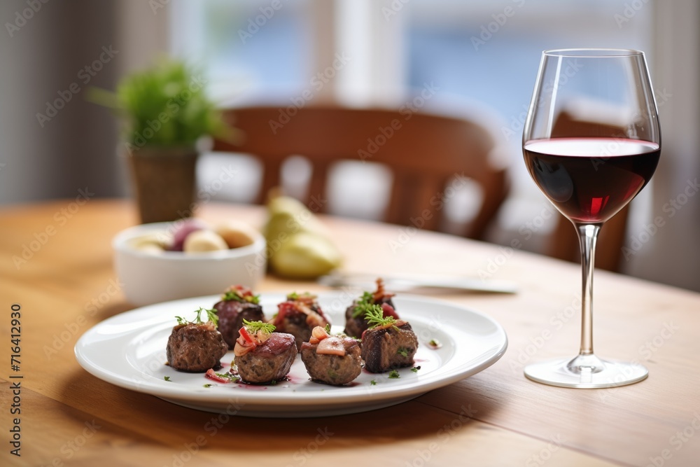 glass of red wine next to a plate of gourmet stuffed mushrooms glass of red wine next to a plate of gourmet stuffed mushrooms
