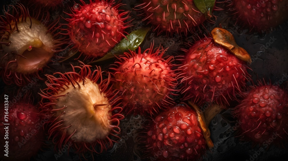 Fresh rambutan with water splashes and drops on black background Fresh rambutan with water splashes and drops on black background