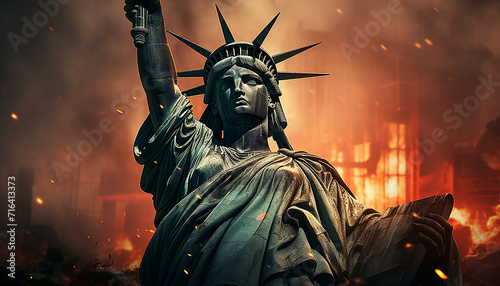 The statue of Liberty crying, inflation concept, a falling graph. The economic crisis in America. Decline in industrial production in the United States. The deterioration of the US economic indicators photo