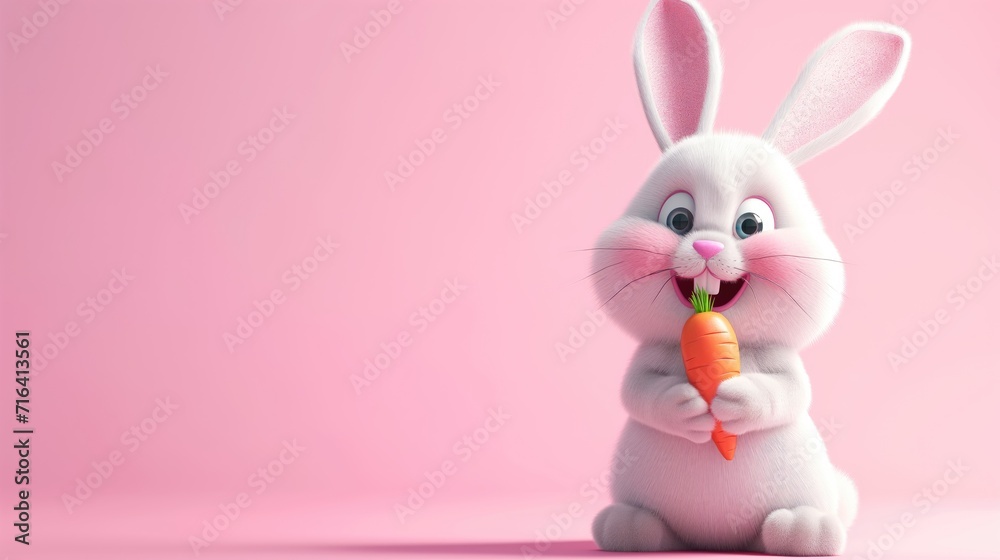 Cute White Easter Bunny holding carrot with copy space on pastel pink background. Cute White Easter Bunny holding carrot with copy space on pastel pink background.