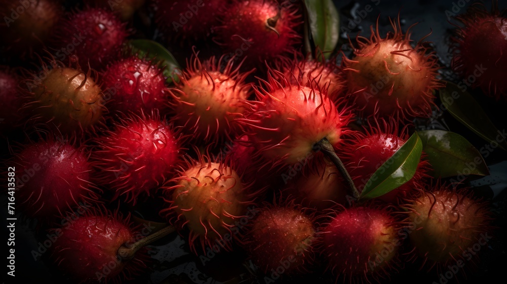 Fresh rambutan with water splashes and drops on black background Fresh rambutan with water splashes and drops on black background