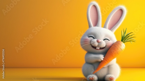 Cute White Easter Bunny holding carrot with copy space on pastel orange background.
