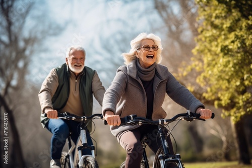 Happy senior couple of European people riding bicycles in a spring blossoming park. AI Generated © Tatsiana