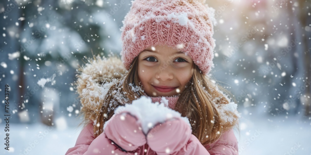 A girl in a pink coat and a pink hat blowing snow. Perfect for winter-themed designs and holiday projects