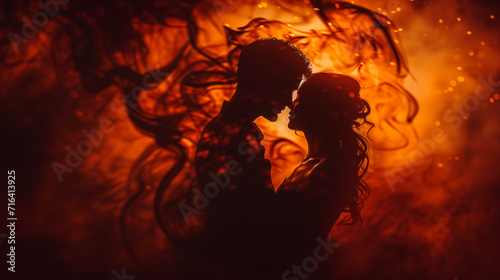 Passionate couple sharing a kiss on an orange, fiery background.