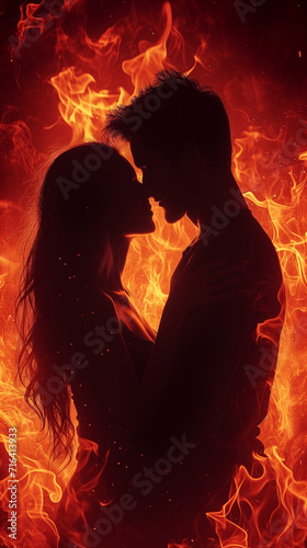 Passionate couple sharing a kiss on a fiery background.