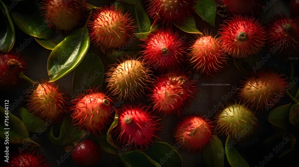 Fresh rambutan with water splashes and drops on black background Fresh rambutan with water splashes and drops on black background
