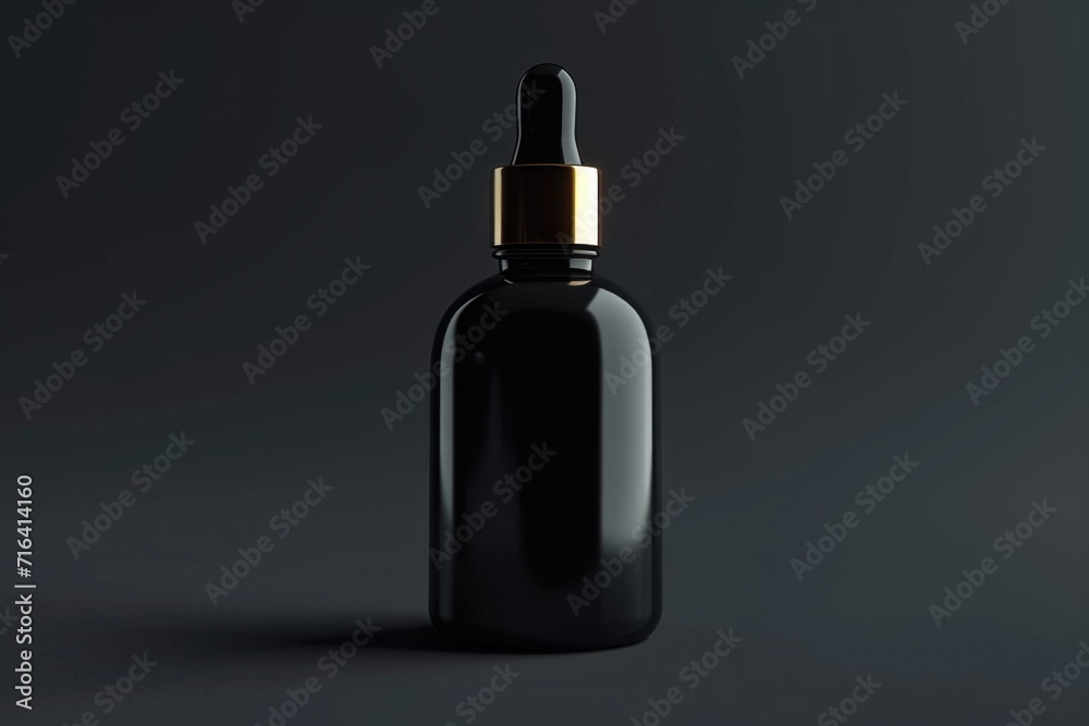 A black glass bottle with a gold cap. Perfect for showcasing beauty products or luxury items A black glass bottle with a gold cap. Perfect for showcasing beauty products or luxury items