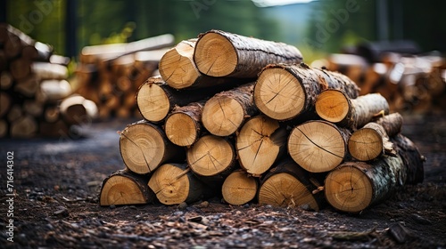 Lumber in the forest  cut wooden logs in the stack. Logging  harvesting wood for fuel and firewood. Sawn trees from the forest. Logging timber industry. Cut trees prepared for removal. Generative AI