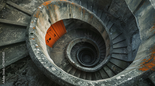 A spiral staircase with an orange door hanging from it, in the style of hyperrealistic street art, giant money sculptures, urban interventions, webcam photography, seaside vistas. Generative AI