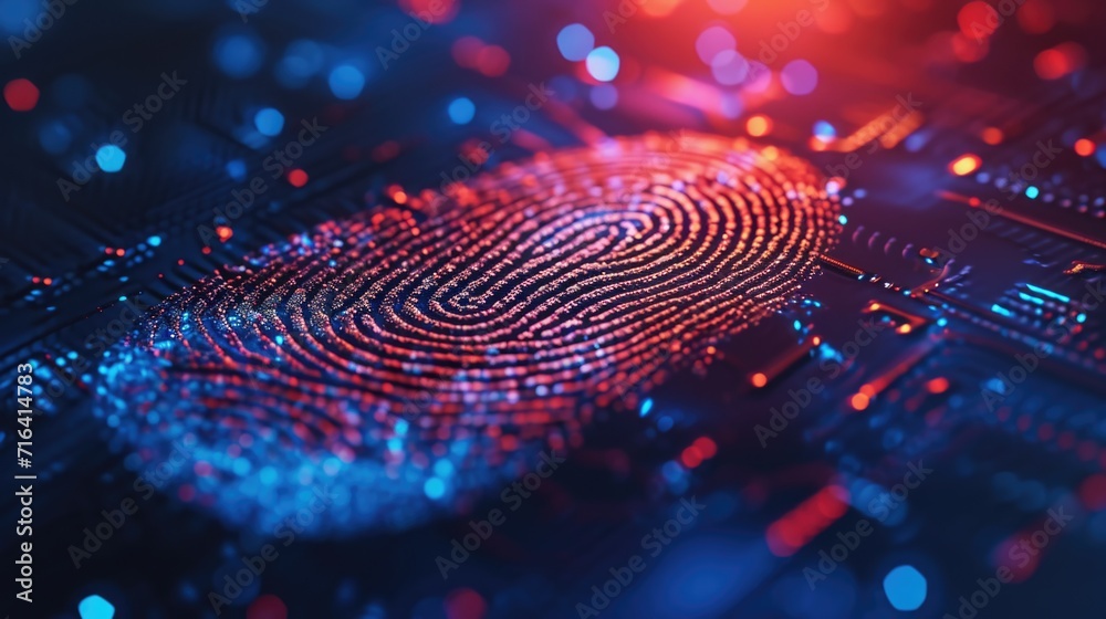 A close-up image of a fingerprint on a computer motherboard. This picture can be used to illustrate cybersecurity, data privacy, or biometric authentication