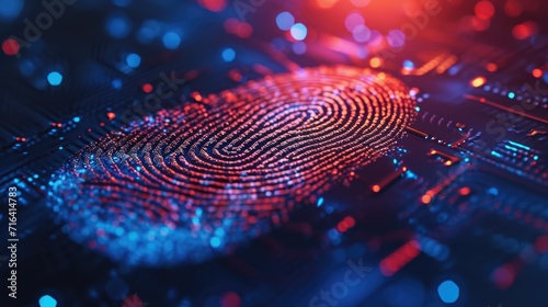 A close-up image of a fingerprint on a computer motherboard. This picture can be used to illustrate cybersecurity, data privacy, or biometric authentication