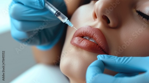 A detailed close-up of a person receiving a lip injection. This image can be used to showcase the process and results of lip enhancement procedures