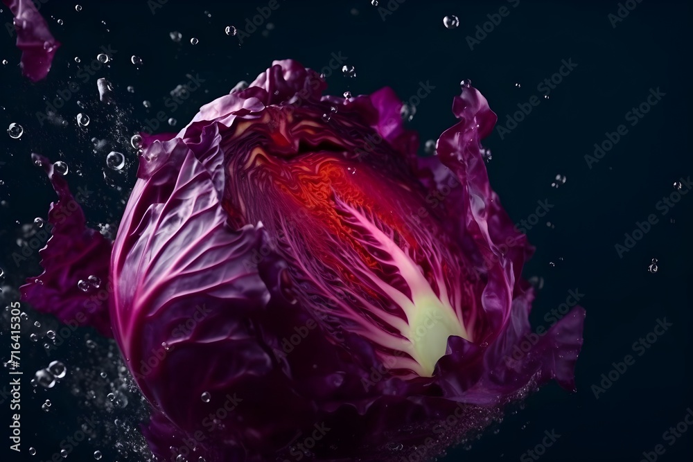 Obraz premium Fresh red cabbage flying with water splashes on bright color background