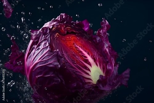Fresh red cabbage flying with water splashes on bright color background photo