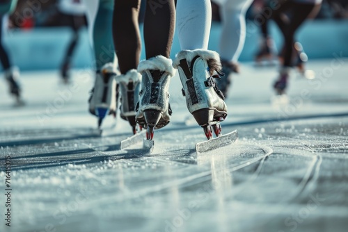 A group of people enjoying winter activities as they ride skates down a snow covered slope. Perfect for showcasing winter sports and outdoor fun