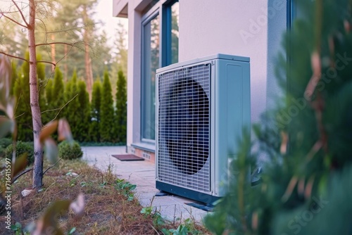 A compact air conditioner unit placed outside a house, providing cooling relief. Ideal for home or office use © Ева Поликарпова
