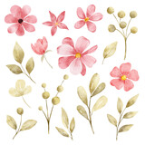 Flowers and leaves digital illustration, spring design, watercolor hand drawing. Perfectly for printing, sublimation.