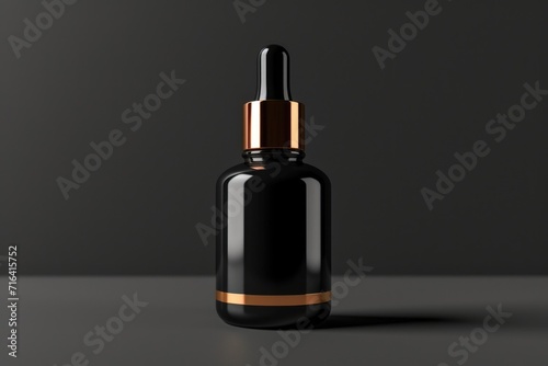 A black glass bottle with a gold top. Can be used for various purposes