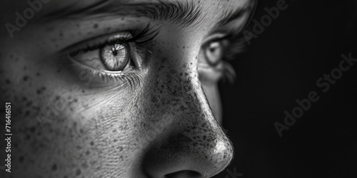 A detailed view of a person's face with prominent freckles. This image can be used to depict natural beauty, diversity, or individuality