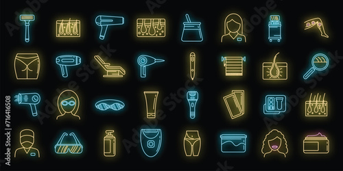 Modern laser hair removal icons set. Outline set of modern laser hair removal vector icons neon color on black photo