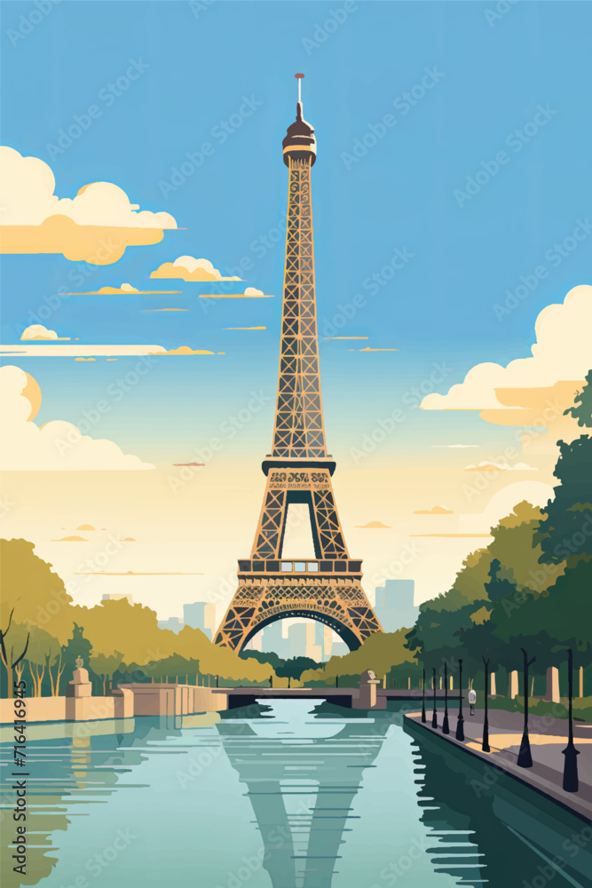 A vintage retro style travel poster for Paris, France with the famous Eiffel tower and River Seine - obrazy, fototapety, plakaty 