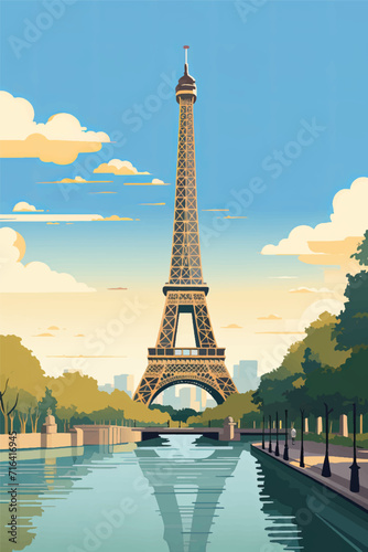 A vintage retro style travel poster for Paris  France with the famous Eiffel tower and River Seine