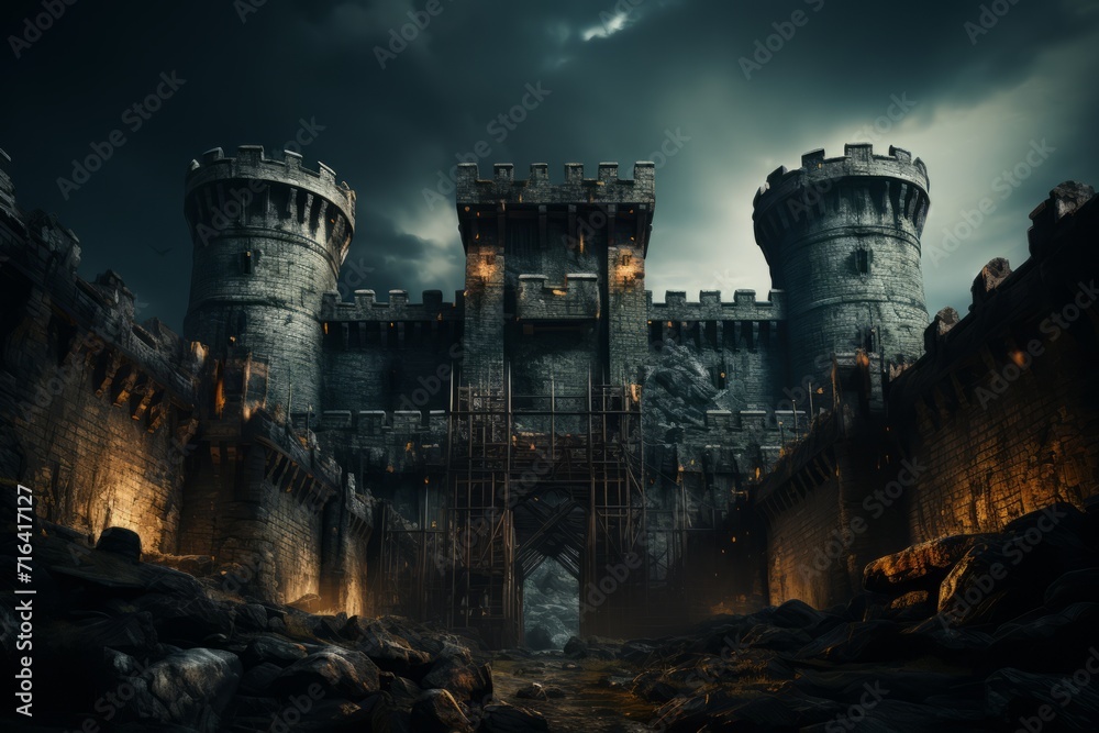 Stronghold Wall with Towering Watchtowers, on an isolated Midnight Black background, Generative AI