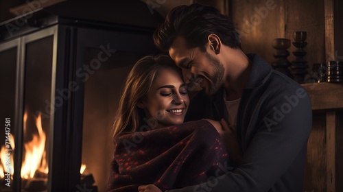 Lovers, Couple sharing a blanket in front of a fireplace , lovers, sharing blanket, fireplace
