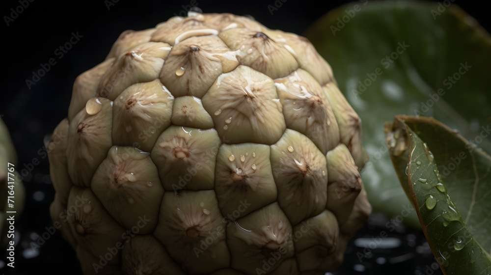 Fototapeta premium Fresh soursop with water splashes and drops on black background