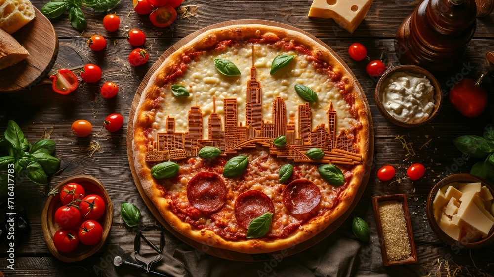 Pizza With City Skyline Cut Out on Top