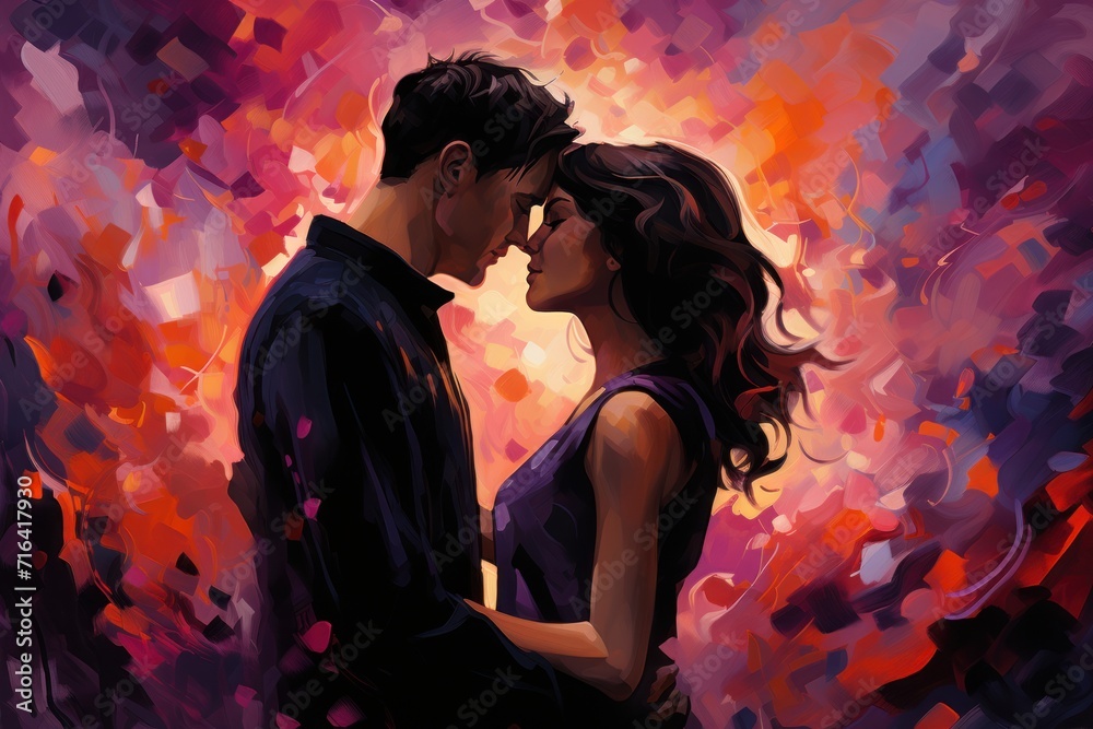Portrait of a beautiful couple in love on a colorful background. Poster illustration for Valentine's Day Portrait of a beautiful couple in love on a colorful background. Poster illustration for Valentine's Day