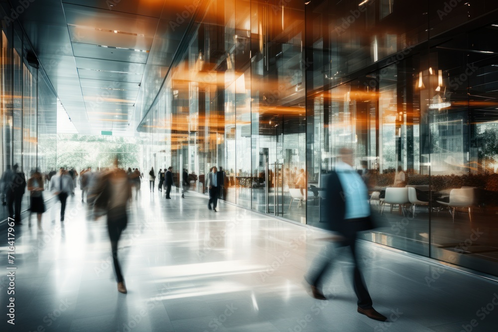 Business people walking in the lobby of a modern office building, motion blur
