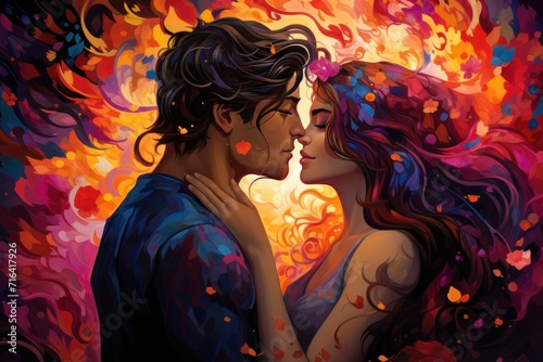 Portrait of a beautiful couple in love on a colorful background. Poster illustration for Valentine's Day