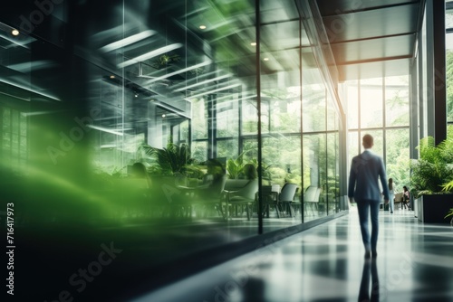 Businessman walking in modern office interior with glass walls. Blurred background