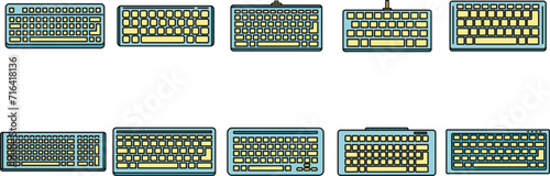 Work keyboard icons set. Outline set of work keyboard vector icons thin line color flat on white