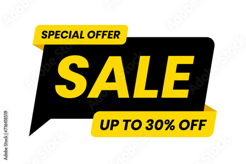 Special offer sale up to 30 percent off. Black and yellow template on white background. Vector illustration